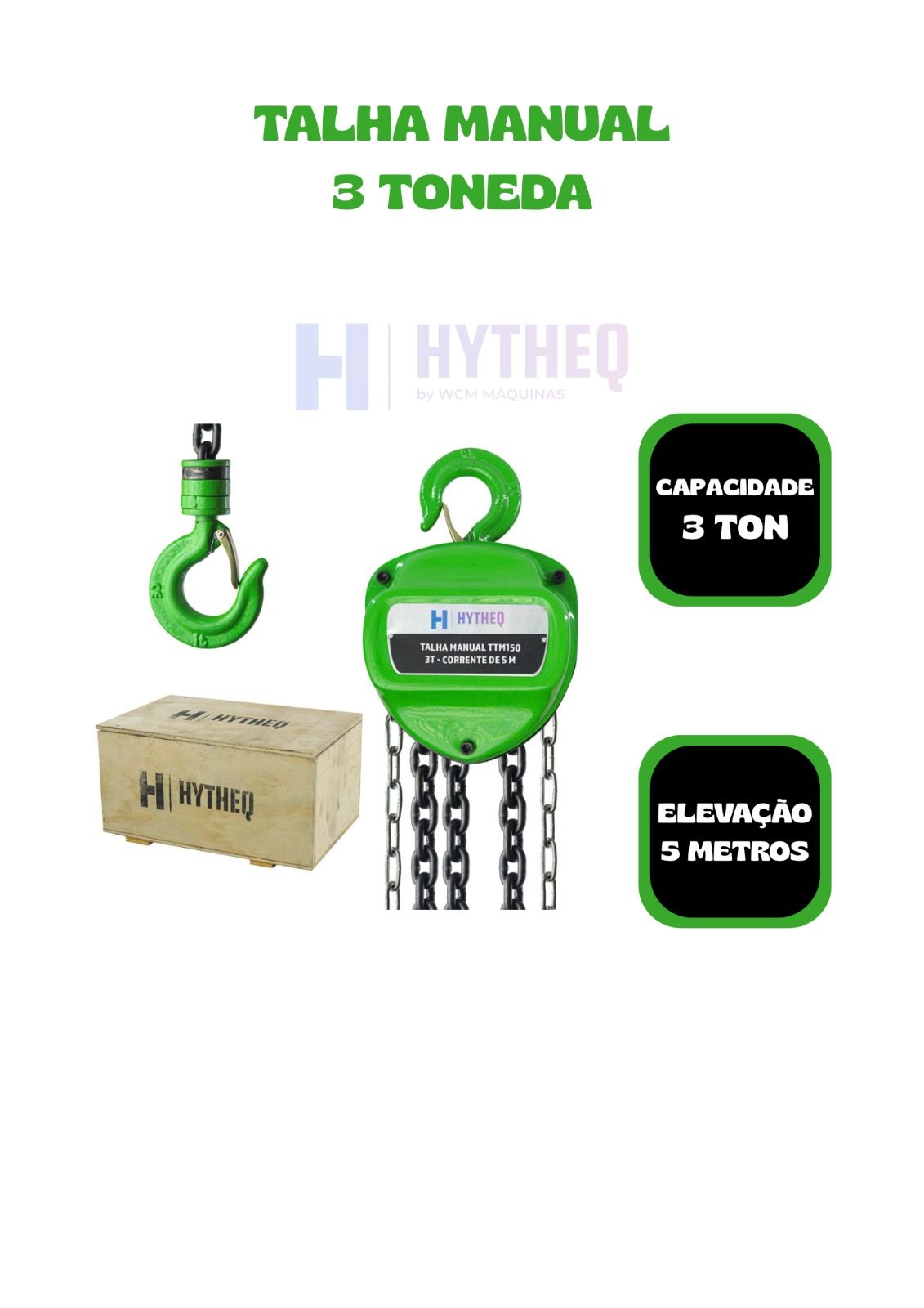 Talha Manual De Corrente 3 Ton X 5m - Hytheq