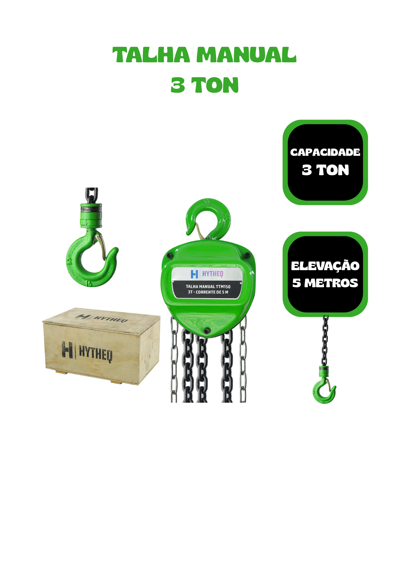 Talha Manual De Corrente 3 Ton X 5m - Hytheq - WCM Máquinas | Empresa de Máquinas em Jaboticabal/SP
